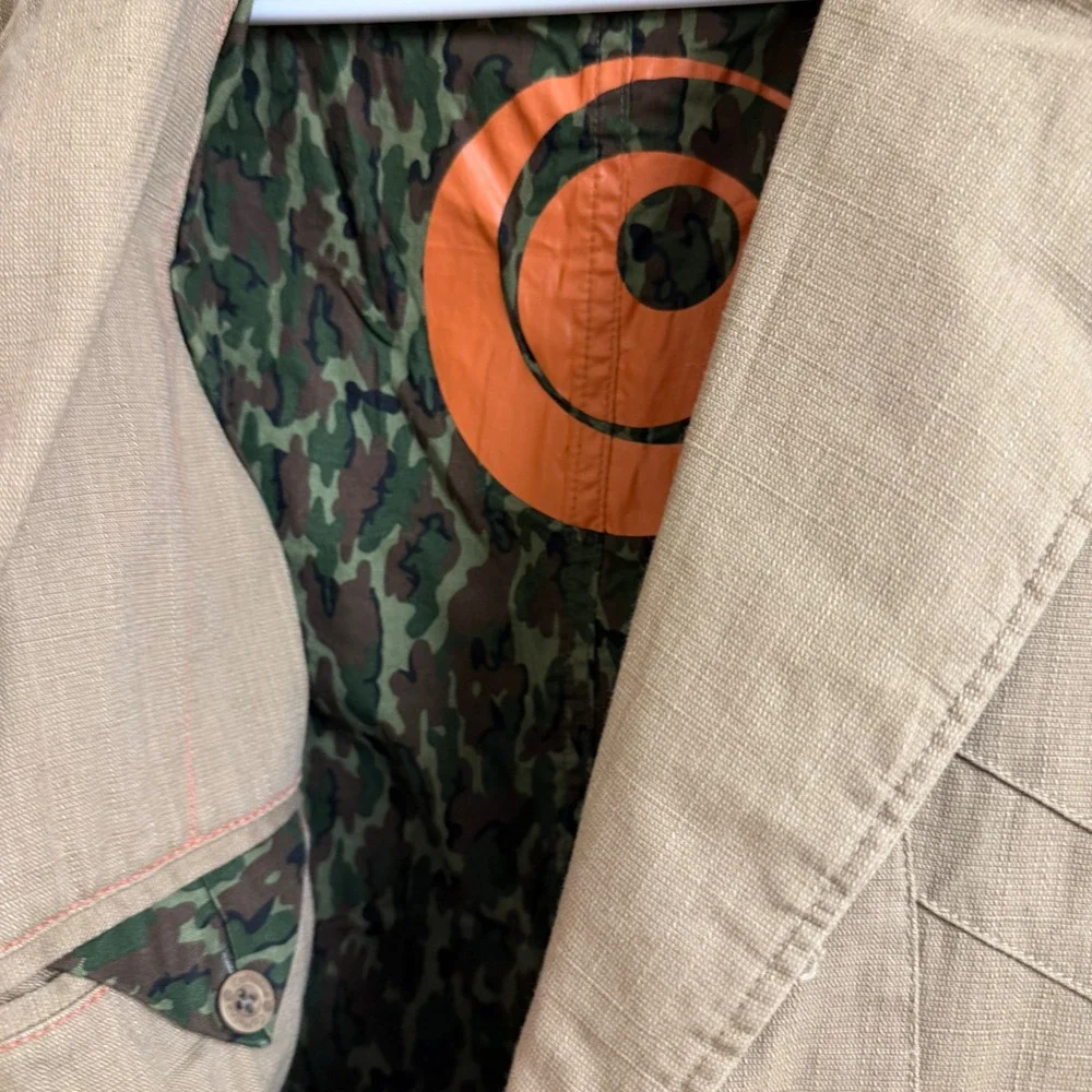 Caffeine Culture VTG Y2K Mens Tan Utility Jacket Blazer Elbow Patch Camo Lined L